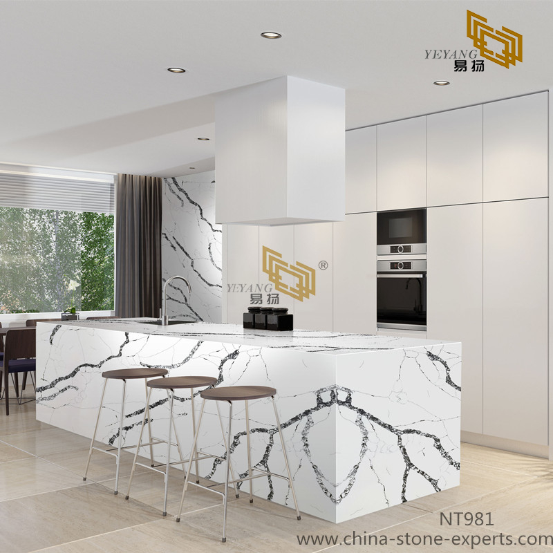 Good Quality Calacatta White Quartz Black Veins for Kitchen Countertop And Wall NT981