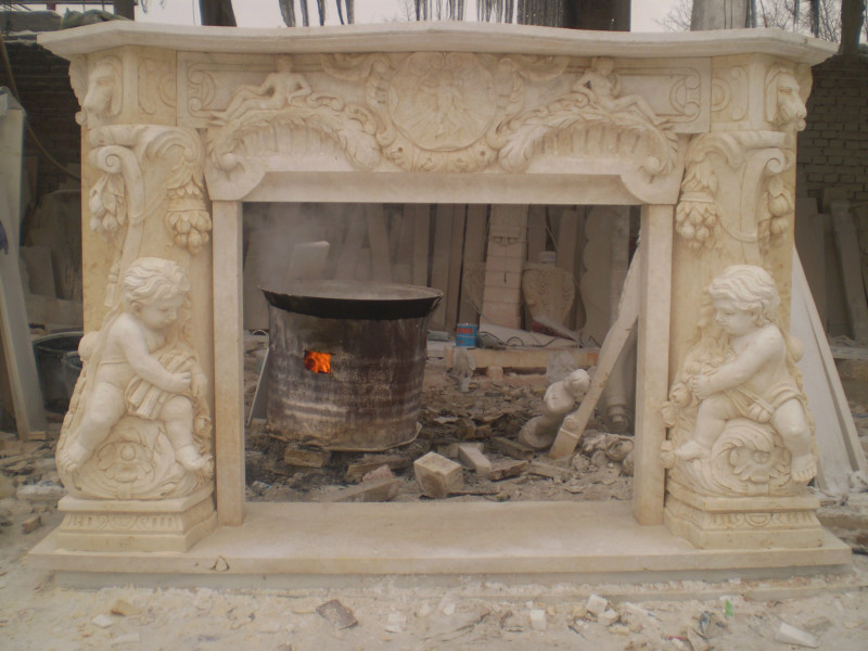 Sunny Beige Marble Fireplace with Kid Scuptures